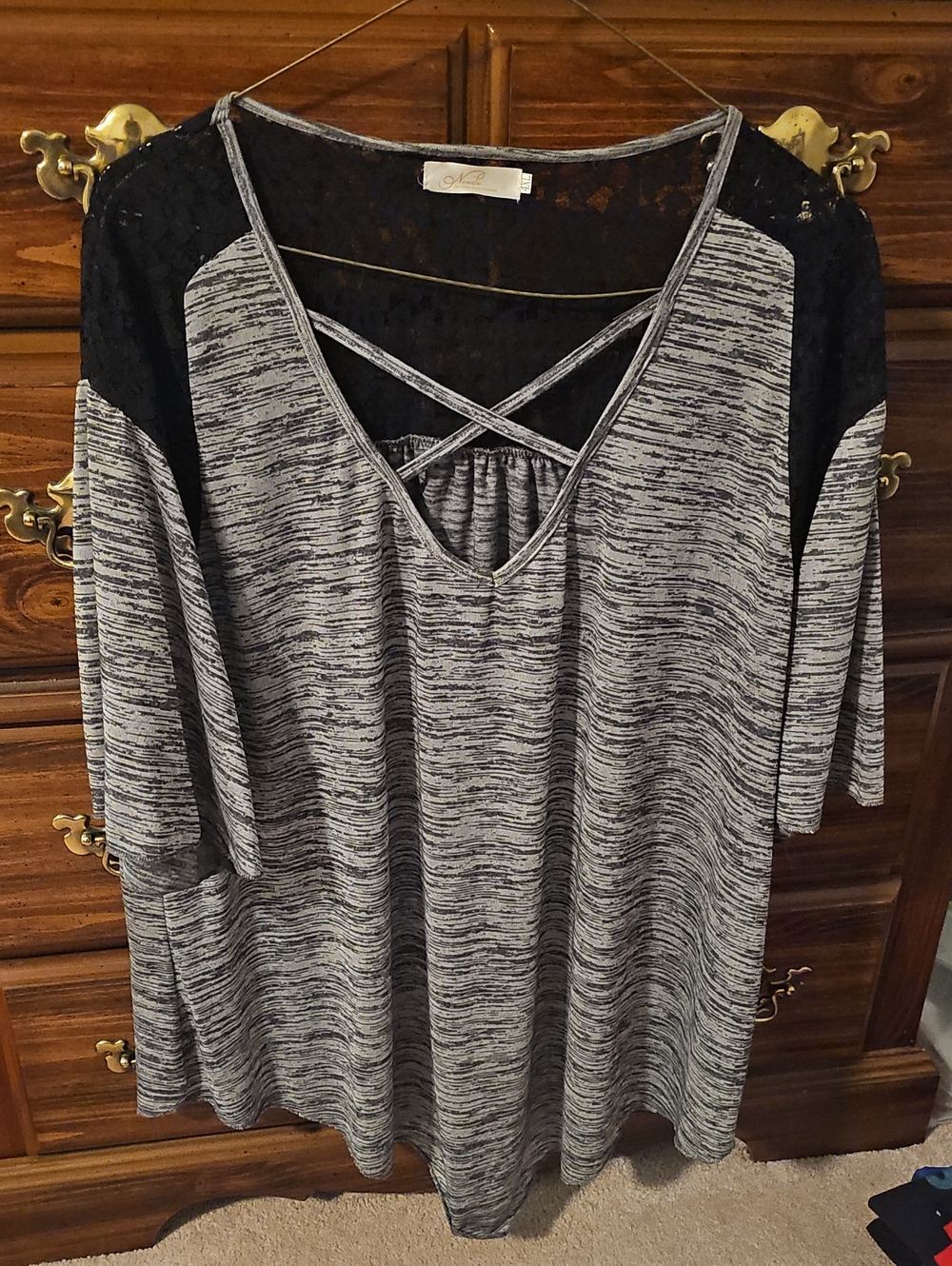 Nina Gray And Black  Short Sleeve Top with Black Lace Yoke and Crisscross Straps